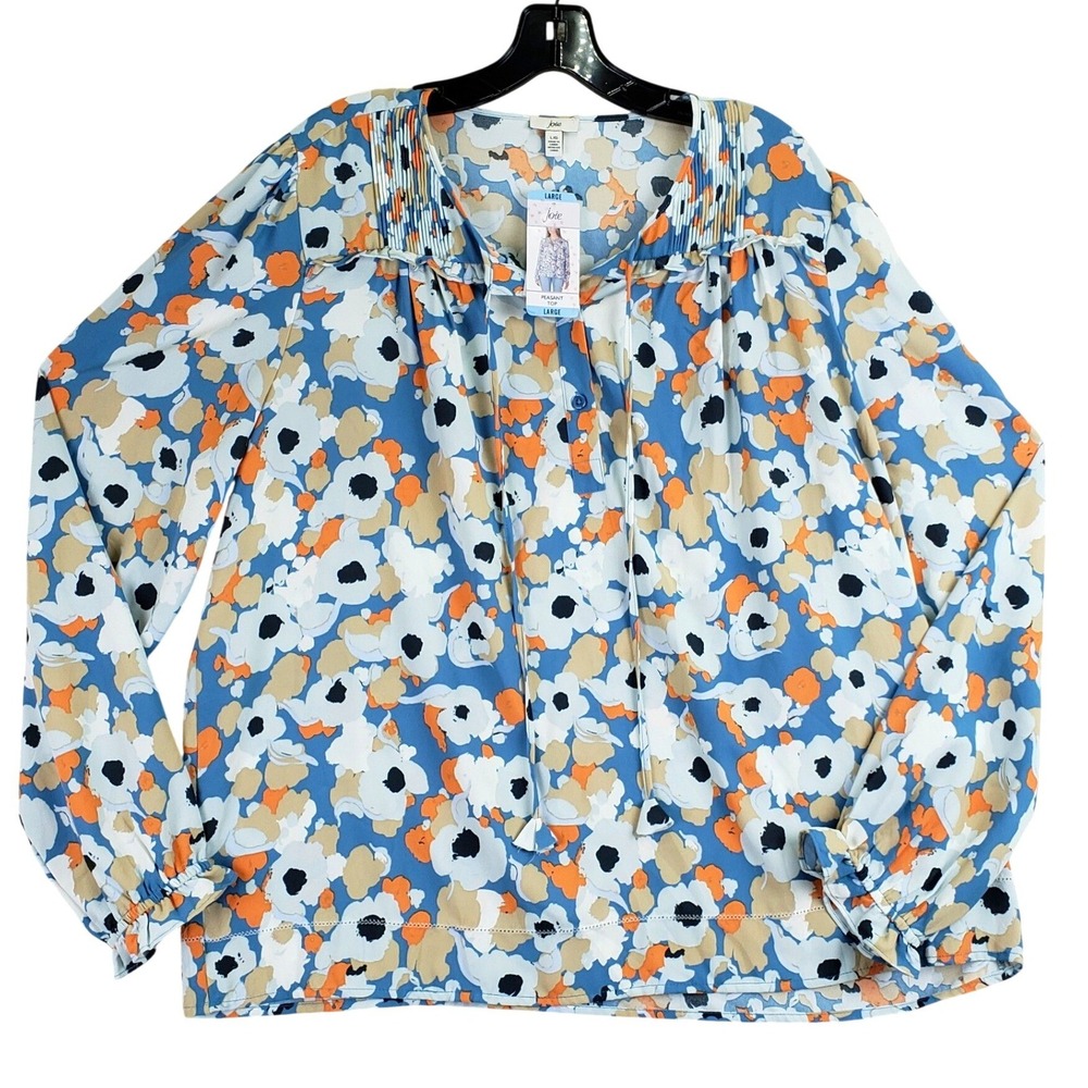 Joie Peasant Top Women Large Blue Floral Boho Chic Long Sleeve Tie Neck